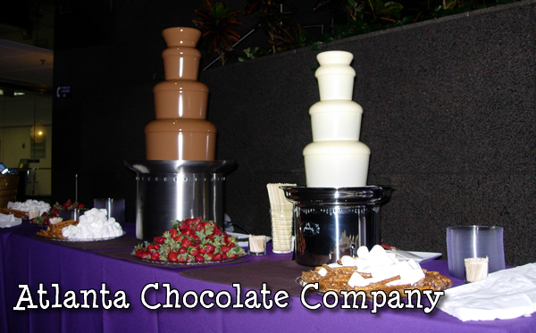 Willy Wonka Theme Party - 27 Inch Fountain with White Belgian Chocolate and 34 Inch Fountain with Belgian Milk Chocolate ATLANTA CHOCOLATE FOUNTAIN AT FULTON COUNTY ATRIUM FOR SCHOOL PROM